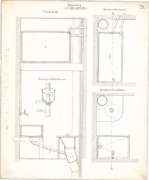 Voit, August von; Landgerichtsgebäude - Spülvorrichtung in den Gefängnis - Abtritten (Grundrisse, Schnitt); Vorrichtung zum Einlauf des Dachwassers (Schnitt)