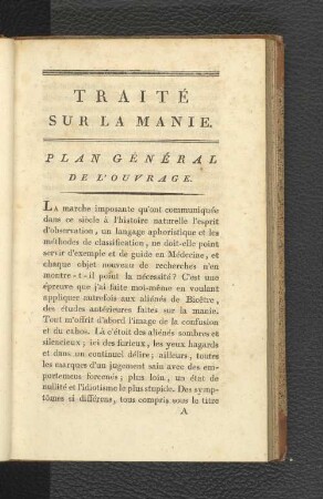 Traité sur la manie. Plan général de l'ouvrage.
