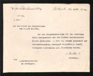Bitte der Naturaliensammlung die Zahlung von 2000 RM an Hauff für gelieferte Fossilien einzuleiten