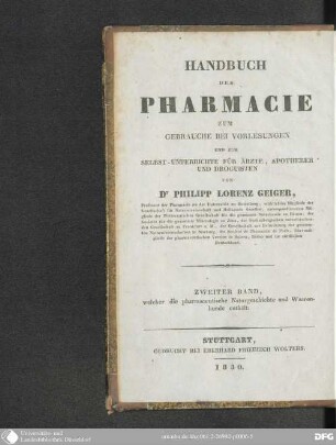 2,1: Enthaltend die pharmaceutische Mineralogie, die Einleitung in die pharmaceutische Botanik und die 11 ersten Linné'schen Klassen