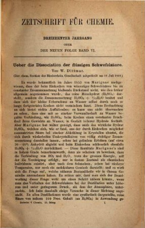 Zeitschrift für Chemie : Archiv für das gesammte Gebiet der Wissenschaft. 13. 1870 = N.F., Bd. 6