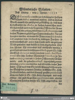 Absonderliche Relation auß Londen, vom 4. Aprilis, 1658