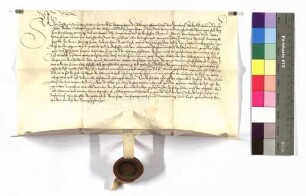 Graf Kraft von Hohenlohe verpflichtet sich, die Versorgung der Amtsleute des Grafen Albrecht von Hohenlohe zu übernehmen; Siegel Graf Kraft von Hohenlohe.