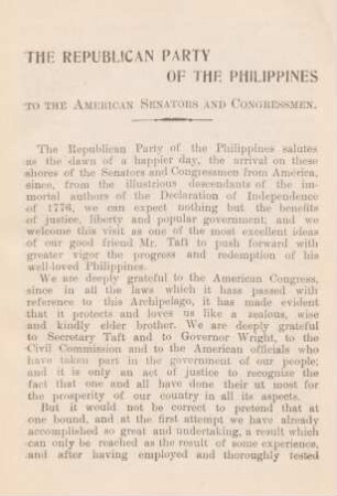 The Republican Party of the Philippines to the American senators and congressmen