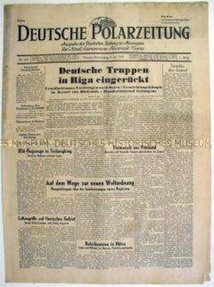 Tageszeitung "Deutsche Polarzeitung" für die besetzten Gebiete Nordeuropas u.a. zur Besetzung von Riga