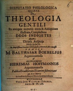 Disputatio philologica ... De Theologia Gentili : Ex Antiquis nummis erura & Antiquitate illustrata, Complectens ..., 4