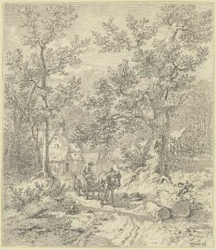 Waldinneres mit Bauer auf Fuhrwerk
