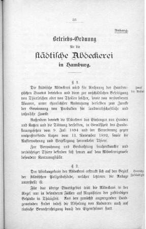 Betriebs-Ordnung für die städtische Abdeckerei in Hamburg.