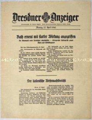 Nachrichtenblatt "Dresdner Anzeiger" mit Meldungen des OKW und des italienischen Oberkommandos, u.a. zum Luftkampf um Malta