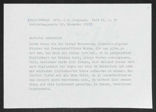 Brief von Gerhart Hauptmann an Heinrich Grünfeld