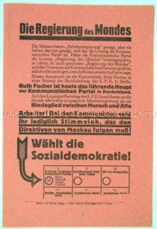 Antikommunistischer Wahlaufruf der Vereinigten Sozialdemokratischen Partei mit Warnung vor blindem politischem Gehorsam unter Auslegung eines Ausspruchs Ruth Fischers über die Arbeiterregierung als Bindeglied zwischen Mensch und Affe