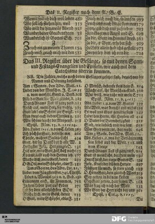 Das III. Register über die Gesänge, so mit denen Sonn- und Festtags-Evangelien und Episteln [...].