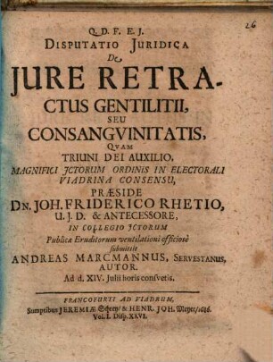 Disputatio Iuridica De Iure Retractus Gentilitii, Seu Consanguinitatis