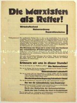 Flugblatt der SPD zum Vorschlag des us-amerikanischen Präsidenten Hoover zur einjährigen Unterbrechung der Reparationszahlungen