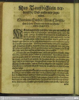 Das Tauffbüchlein verdeutscht, Und auffs new zugerichtet
