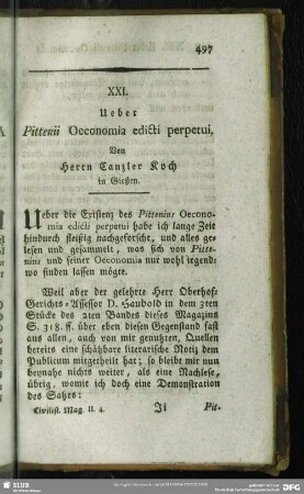 XXI. Ueber Pittenii Oeconomia edicti perpetui, Von Herrn Canzler Koch in Gießen