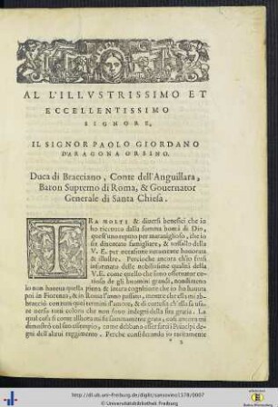 Al Illustrissimo Et Eccellentissimo Signore, Il Signor Paolo Giordano D’Argagona Orsino.