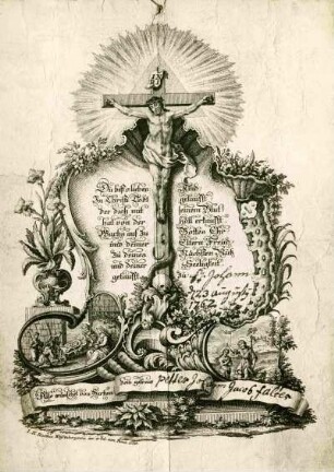 Taufbrief 1762. Aufwändige Zeichnung in Form eines Altars mit Jesus am Kreuz etc