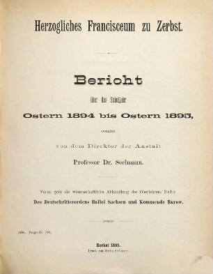 Bericht : über das Schuljahr .... 1894/95