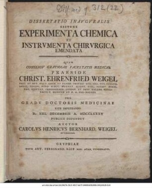 Dissertatio Inavgvralis Sistens Experimenta Chemica Et Instrvmenta Chirvrgica Emendata
