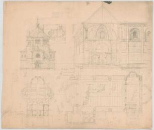 Thiersch, August ; Füssen / Allgäu (Bayern); Ev. Pfarrkirche - Grundrisse, Ansicht, Ansicht m. Schnitt