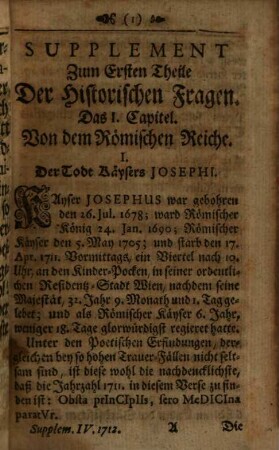 Johann Hübners ... Supplementa zu seinen historischen, genealogischen und geographischen Fragen, 1. Erstes Supplement ... so viel sich vom Anfange des Jahres 1708 biß an die Leipziger Oster-Messe 1709 merwürdiges zugetragen hat