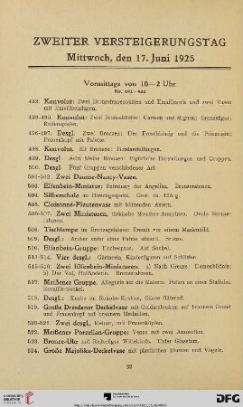 Zweiter Versteigerungstag: Mittwoch, den 17. Juni 1925 (Nr. 492 - 844)