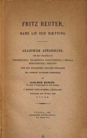 Fritz Reuter, hans lif och diktning