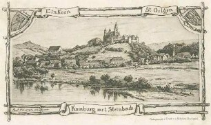 Komburg mit Steinbach als Standort des Ehreninvalidenkorps, auf Anhöhe befestigte Klosteranlage, darunter gruppiert das Dorf Steinbach am Fluss Kocher