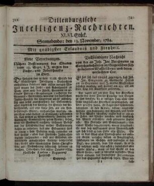 XLVI. Stück. Sonnabends: den 13. November, 1784.