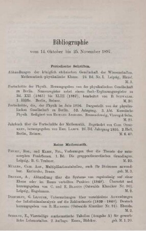 Bibliographie vom 14. Oktober bis 25. November 1897.