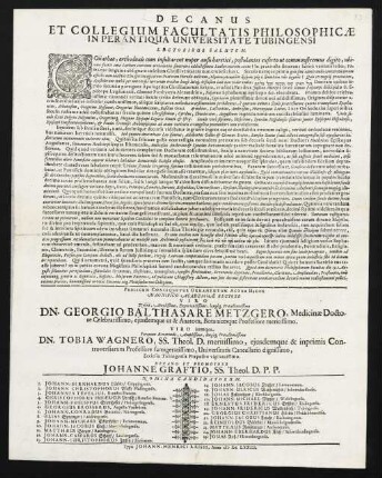 Decanus Et Collegium Facultatis Philosophicae In Perantiqua Universitate Tubingensi Lectoribus Salutem