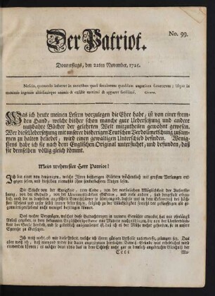 No. 99. Donnerstags, den 22ten November, 1725