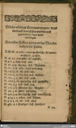 Etliche nöhtige Erinnerungen, was im drucken versehen worden und zuverendern seyn wird, also folget