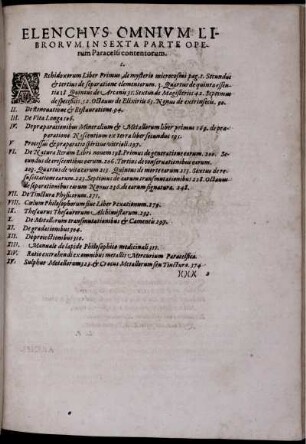 Elenchus Omnium Librorum In Sexta Parte Operum Paracelsi contentorum (I - XV)