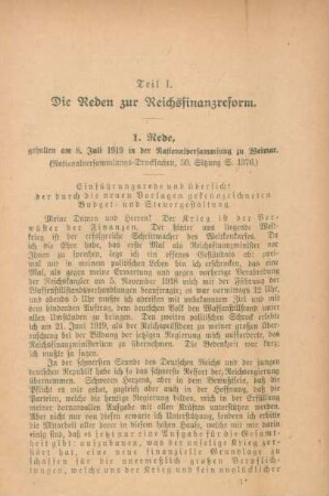 1. Rede, gehalten am 8. Juli 1919 in der Nationalversammlung zu Weimar