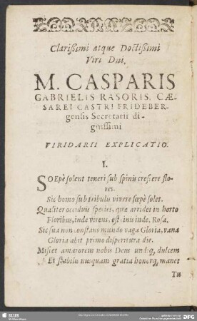 Clarißimi atque Doctißimi Viri Dni. M. Casparis Gabrielis Rasoris, ...