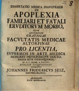 Dissertatio Medica Inavgvralis De Apoplexia Familiari Et Fatali Ervditorvm Morbo