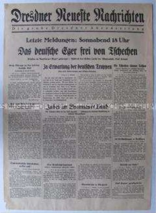 Abendausgabe (Nachrichtenblatt) der "Dresdner Neueste Nachrichten" zum Rückzug der tschechoslowakischen Truppen aus dem Sudetenland