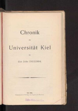 1903/1904: Chronik der Universität Kiel für das Jahr 1903/1904
