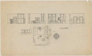Döllgast, Hans; Möbel und Bühnengestaltung - Ankleidezimmer (Wandabwicklungen; Grundriss; Ornament)
