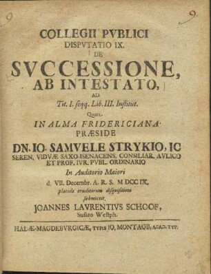 Collegii Pvblici Dispvtatio IX. De Svccessione Ab Intestato