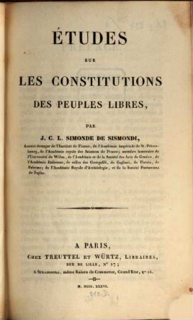 Études sur les constitutions des peuples libres