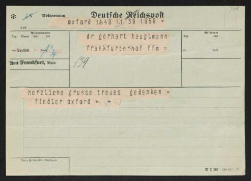 Brief von Hermann Georg Fiedler an Gerhart Hauptmann