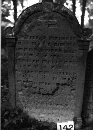 Grabstein 142 (Index: 99803150) Material: Sandstein Zustand: unten abgeblättert/Textverlust Maße HxBxT: 112x72x12 cm Beschreibung: St. m. Rundbogenabschluß, Voluten, als Seitenakroterien, Mittelakroterie, 2 Pilaster Symbolik: Mittel-u. Seitenakroterien, Pilaster: Grabstein 142
