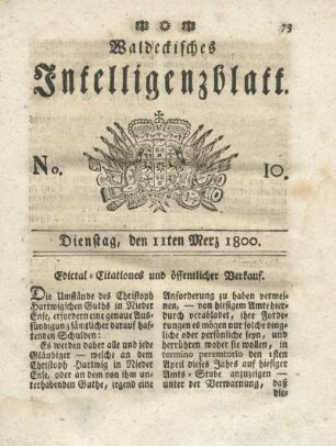No. 10, Dienstag, den 11ten Merz 1800