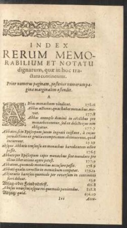 Index Rerum Memorabilium Et Notatu dignarum, quae in hoc tractatu continentur.