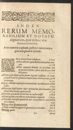 Index Rerum Memorabilium Et Notatu dignarum, quae in hoc tractatu continentur.