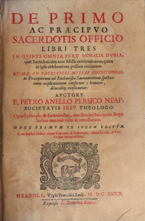 De primo ac praecipuo Sacerdotis officio Libri tres