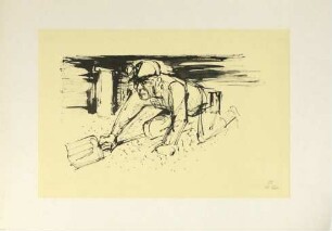 Druckgrafik einer Tuschezeichnung aus dem Zyklus "Amerikanische Bergleute unter Tage", Bl. 7: , Bergmann im Streb (Titel alter Karteikarte)